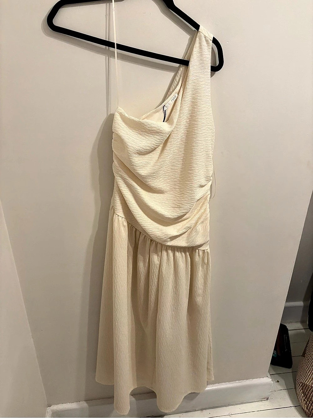 Zara One-Shoulder Textured Midi Dress in Cream
